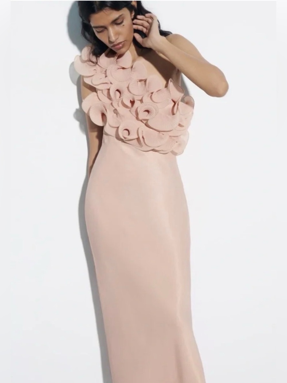 Zara Elegant Satin One-Shoulder Pink Dress with Ruffles Appliqué